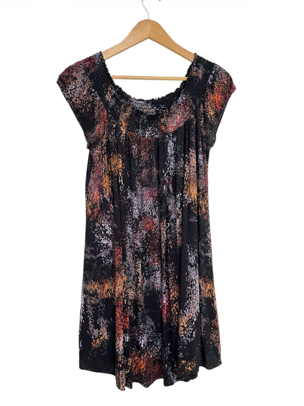 Talula Astoria Black Mini Dress with Multicolor Smocked Yoke